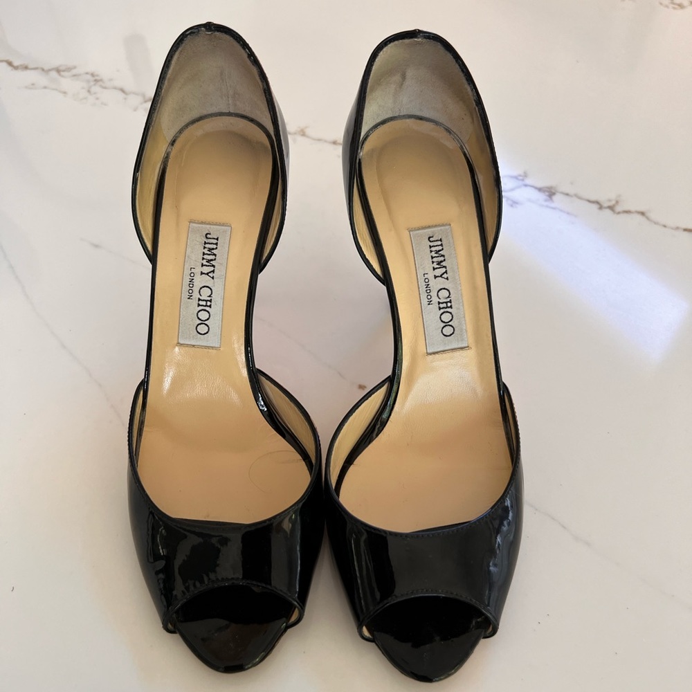 Jimmy Choo black patent peel toe heels